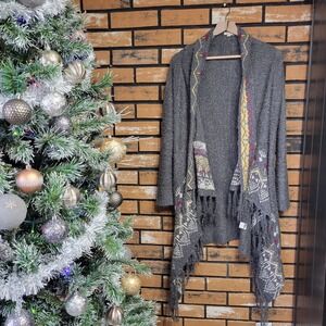 Eyeshadow Cardigan Women Medium Gray‎ Knit Open Front Long Sleeve Fringe Acrylic